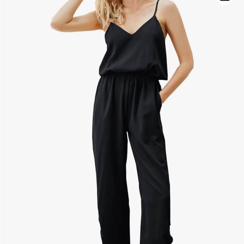H&M Satin Jumpsuit Double V Neck Adjustable Spaghetti Strap Pockets 10